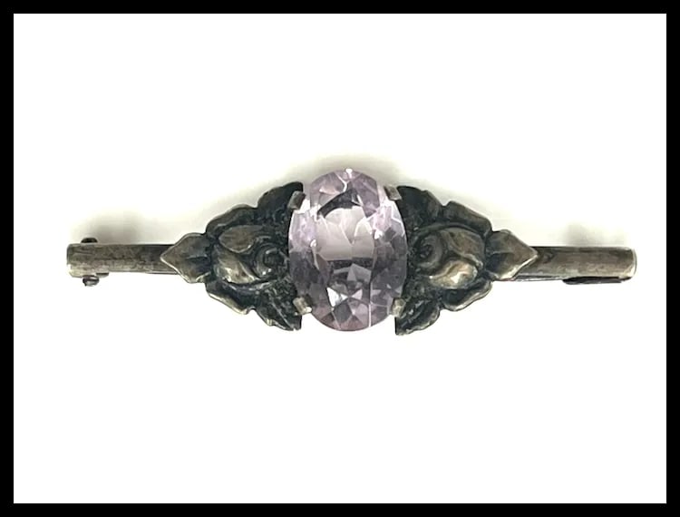 Vintage Silver Amethyst Rose Bar Pin/ Brooch - 2