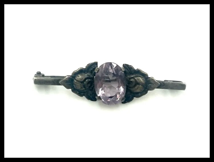 Vintage Silver Amethyst Rose Bar Pin/ Brooch - 3