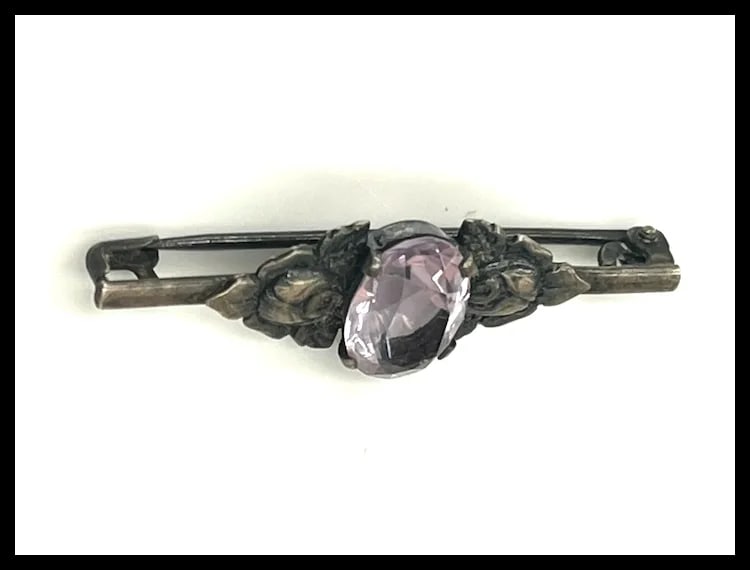 Vintage Silver Amethyst Rose Bar Pin/ Brooch - 4