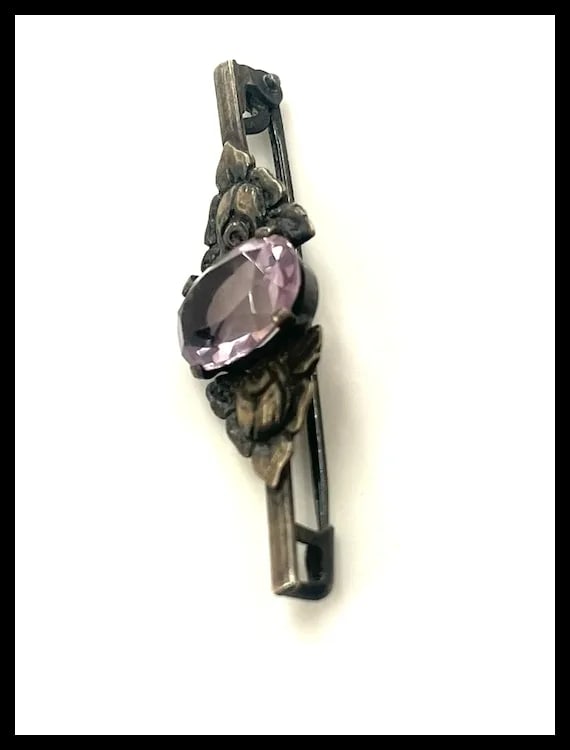 Vintage Silver Amethyst Rose Bar Pin/ Brooch - 6