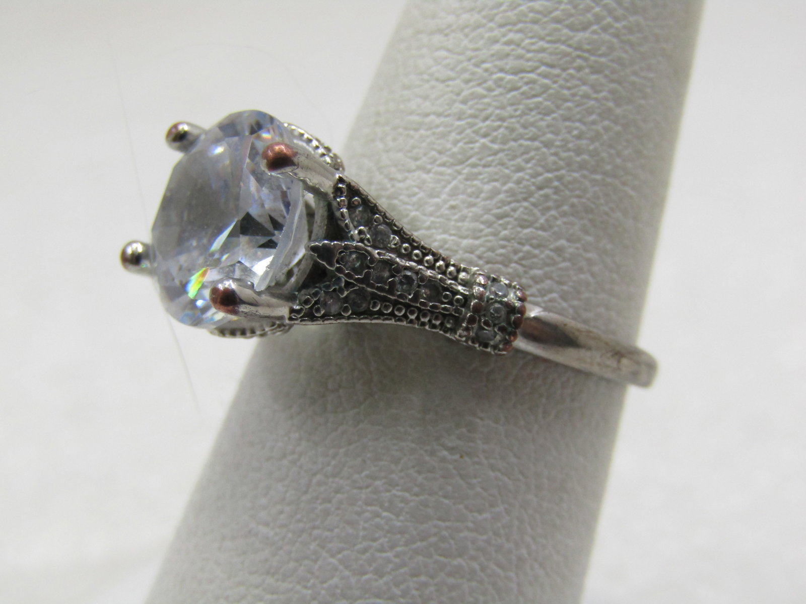 Vintage Silver Plated Clear Stone Engagement Ring, Sz. 7, - 9