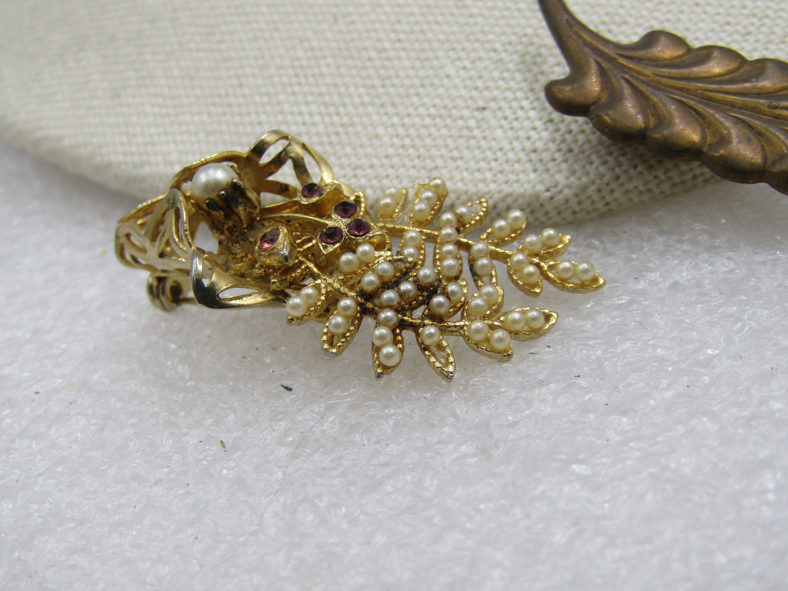 Vintage Pair of Leaf Brooches, One with Faux Pearls/Rhinestones, 1930/s-1950's - 2