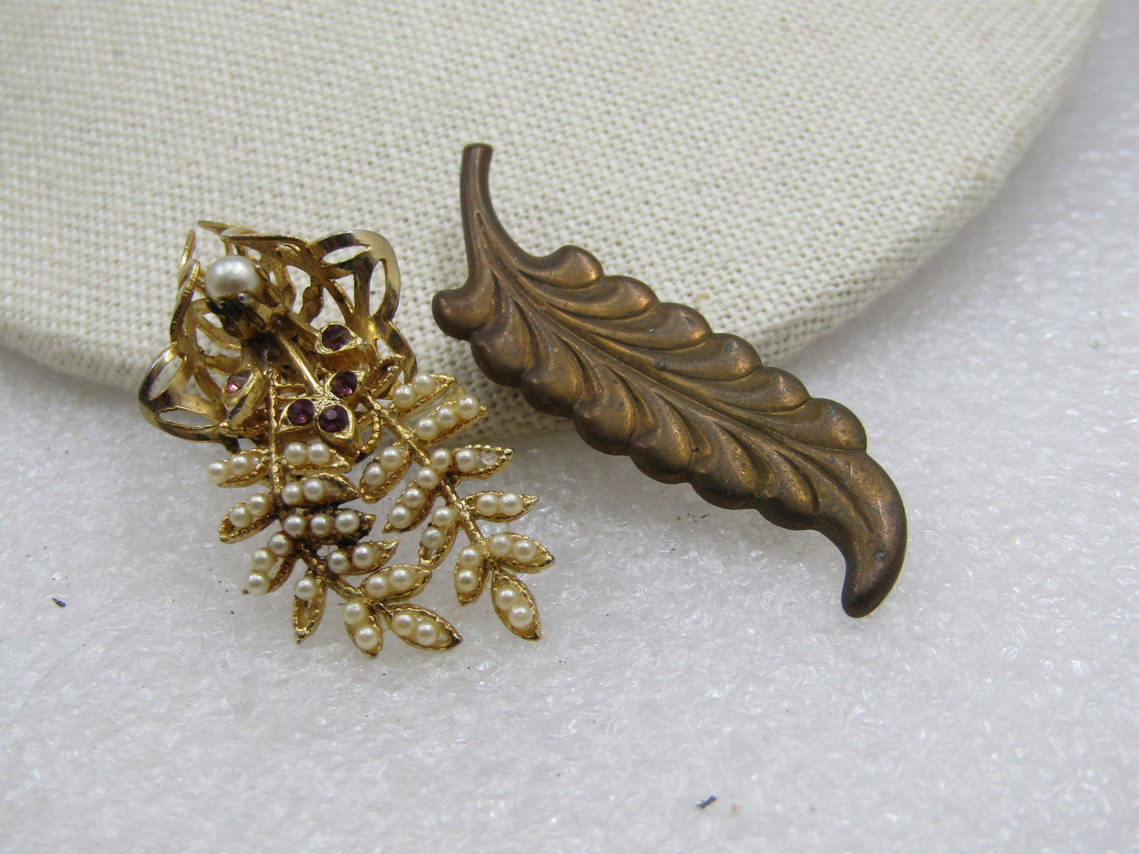 Vintage Pair of Leaf Brooches, One with Faux Pearls/Rhinestones, 1930/s-1950's - 3