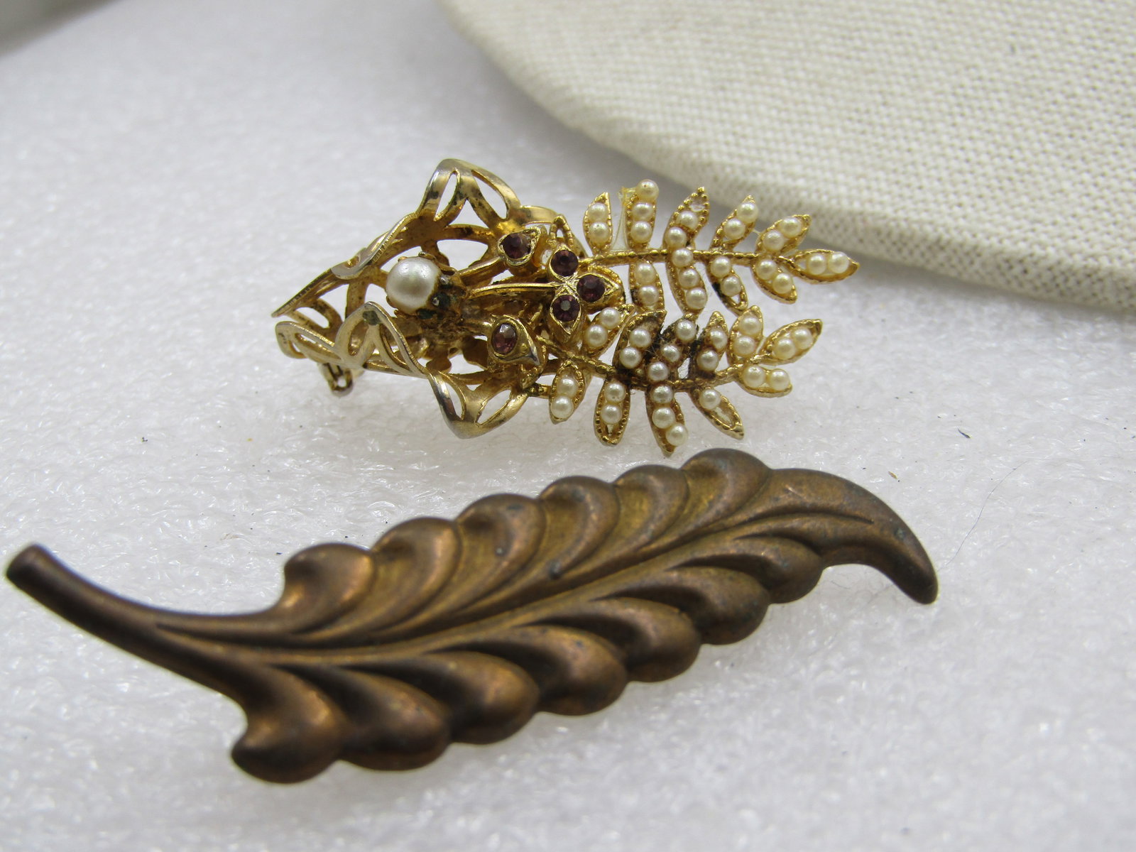 Vintage Pair of Leaf Brooches, One with Faux Pearls/Rhinestones, 1930/s-1950's - 4