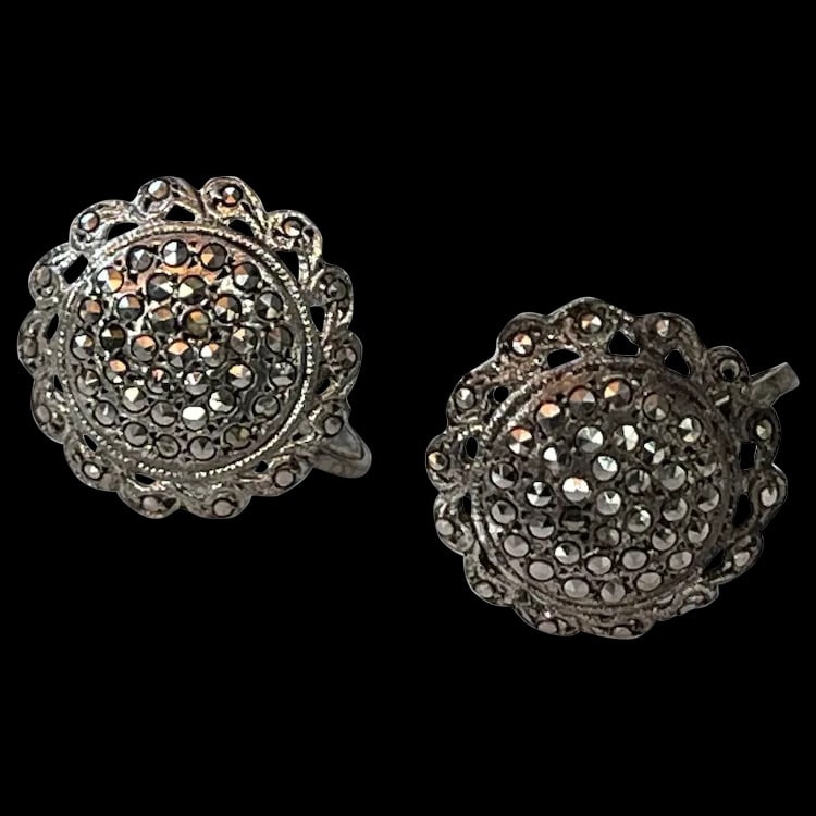 Vintage Sterling Silver Screw Back Non-Pierced Marcasite Flower Cluster Earrings (1 of 6)