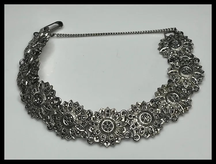 Vintage Marcasite Floral Link Sterling Silver Bracelet - 2