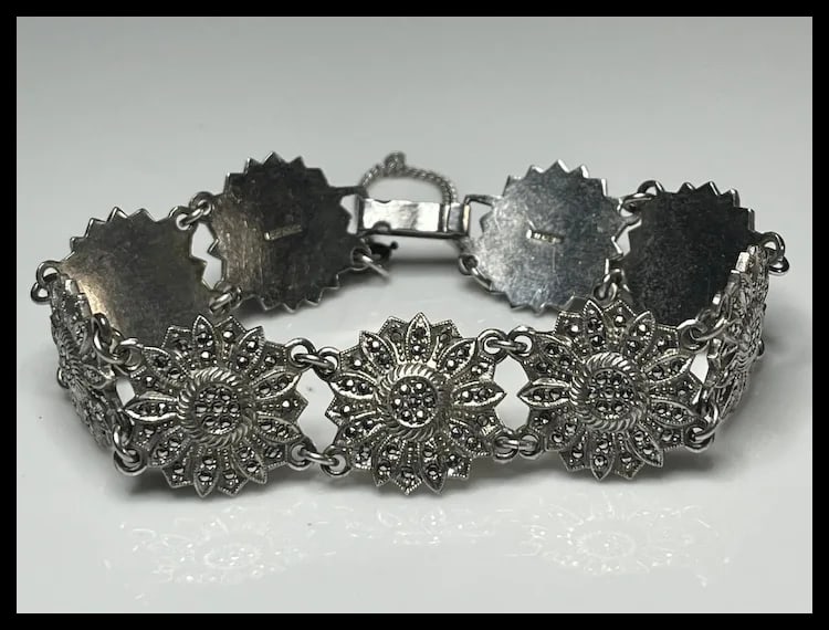 Vintage Marcasite Floral Link Sterling Silver Bracelet - 3