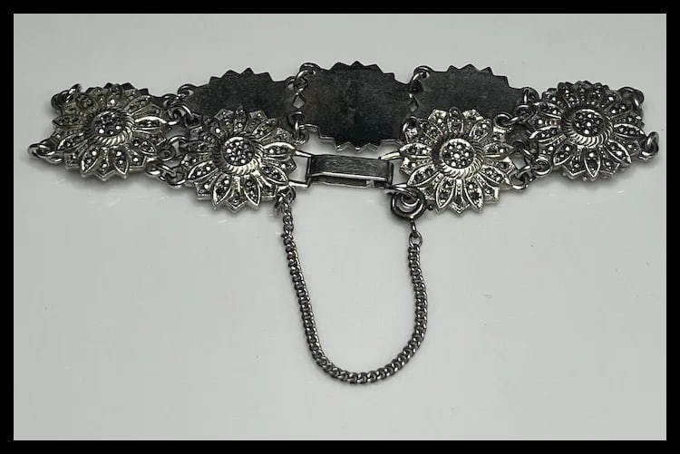 Vintage Marcasite Floral Link Sterling Silver Bracelet - 6