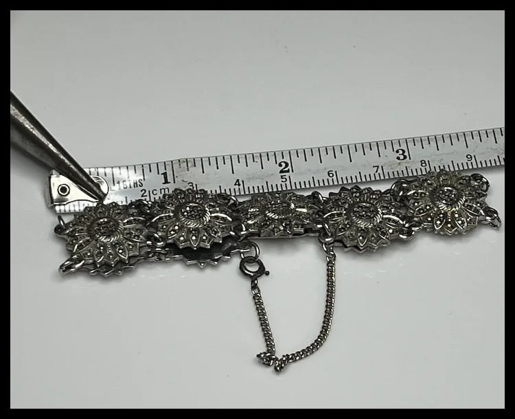 Vintage Marcasite Floral Link Sterling Silver Bracelet - 8