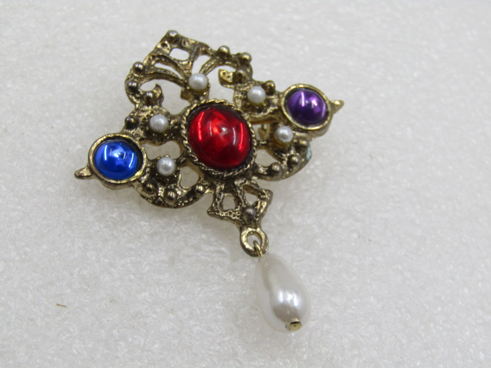 Vintage Rhinestone Faux Pearl Dangle Brooch, Victorian Themed - 2