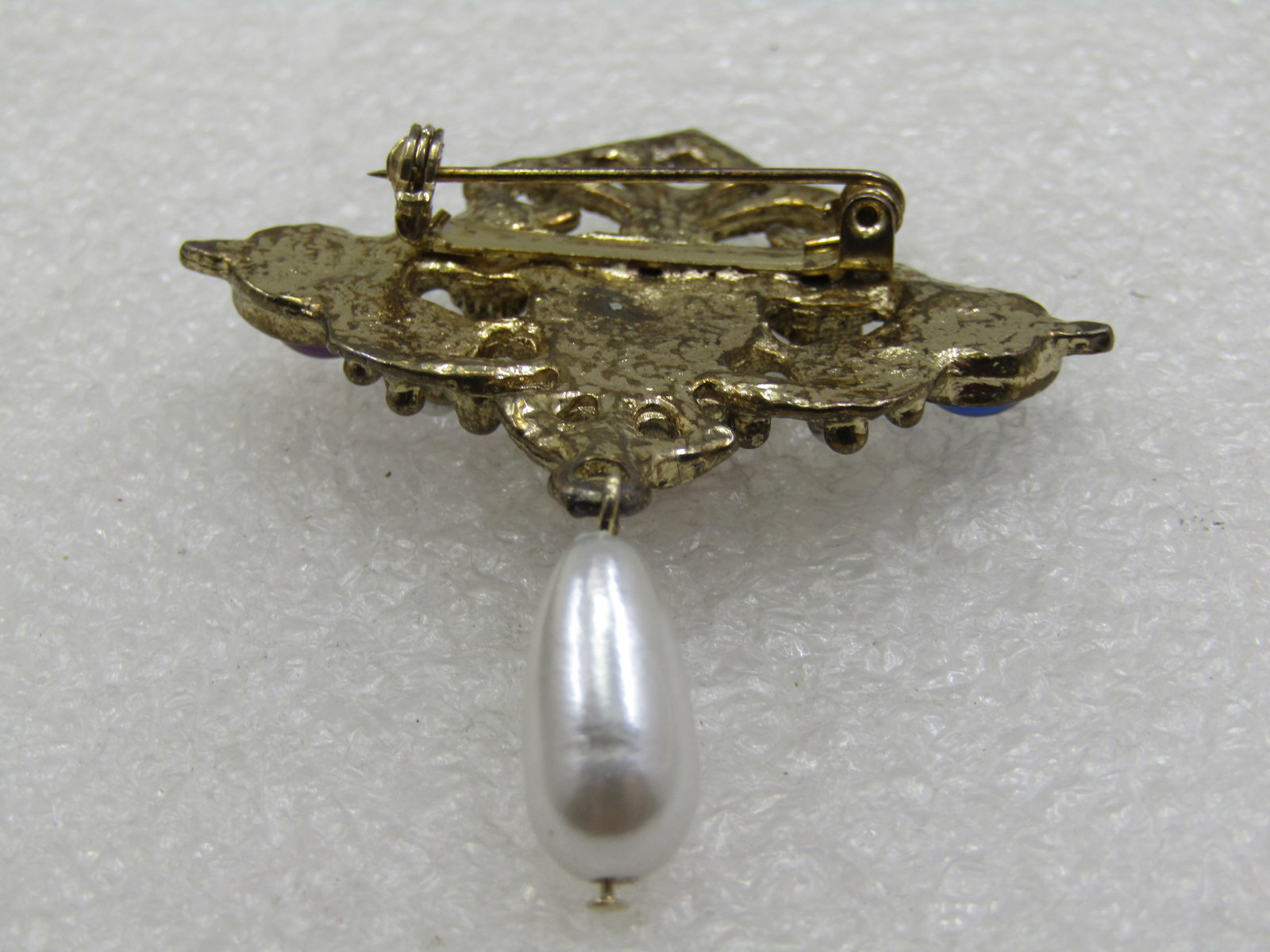 Vintage Rhinestone Faux Pearl Dangle Brooch, Victorian Themed - 5