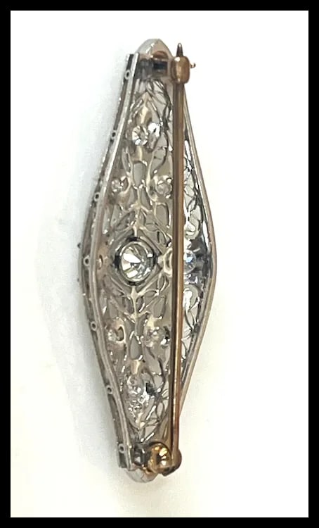 Art Deco 14k Gold Filigree Diamond Brooch - 10