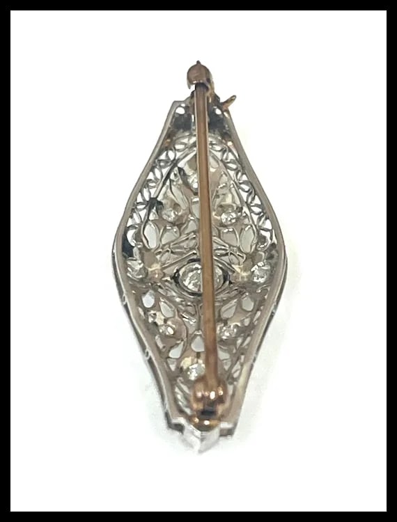 Art Deco 14k Gold Filigree Diamond Brooch - 11