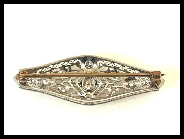 Art Deco 14k Gold Filigree Diamond Brooch - 12