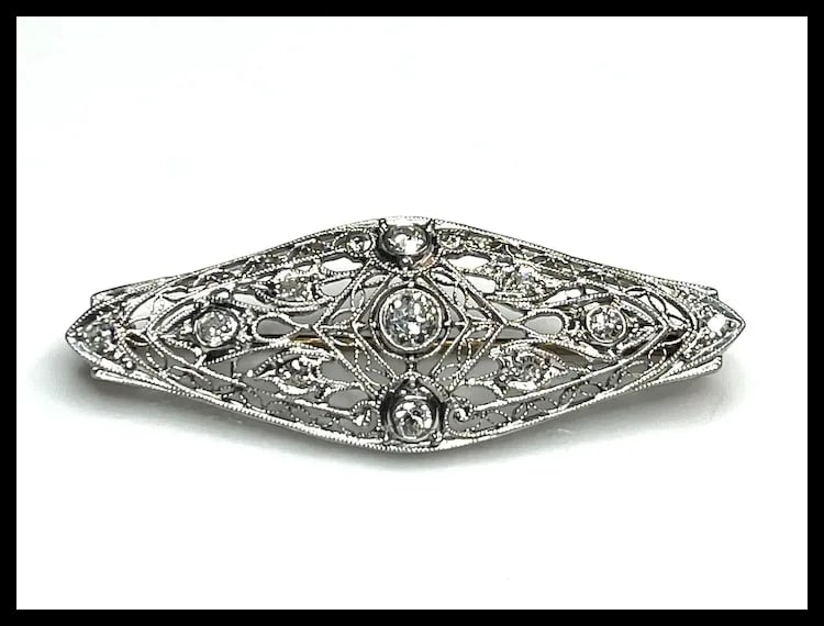 Art Deco 14k Gold Filigree Diamond Brooch - 5