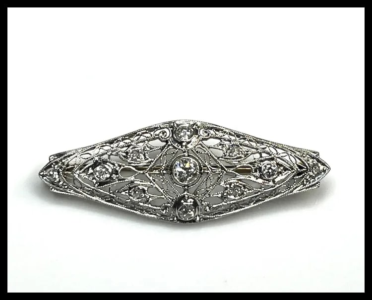 Art Deco 14k Gold Filigree Diamond Brooch - 6
