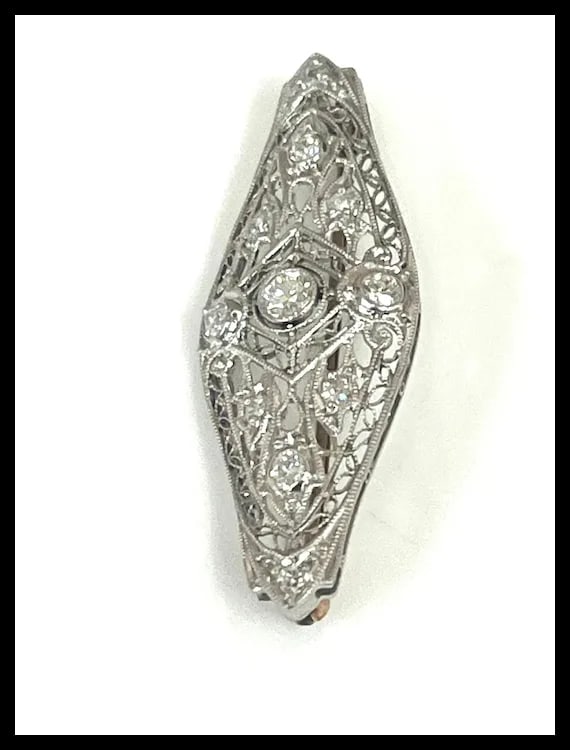 Art Deco 14k Gold Filigree Diamond Brooch - 7