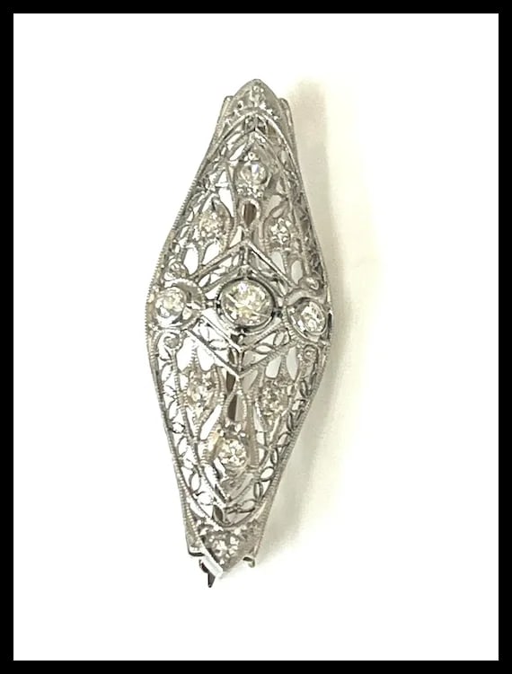 Art Deco 14k Gold Filigree Diamond Brooch - 8