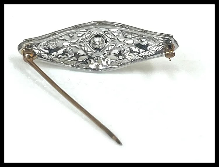 Art Deco 14k Gold Filigree Diamond Brooch - 9