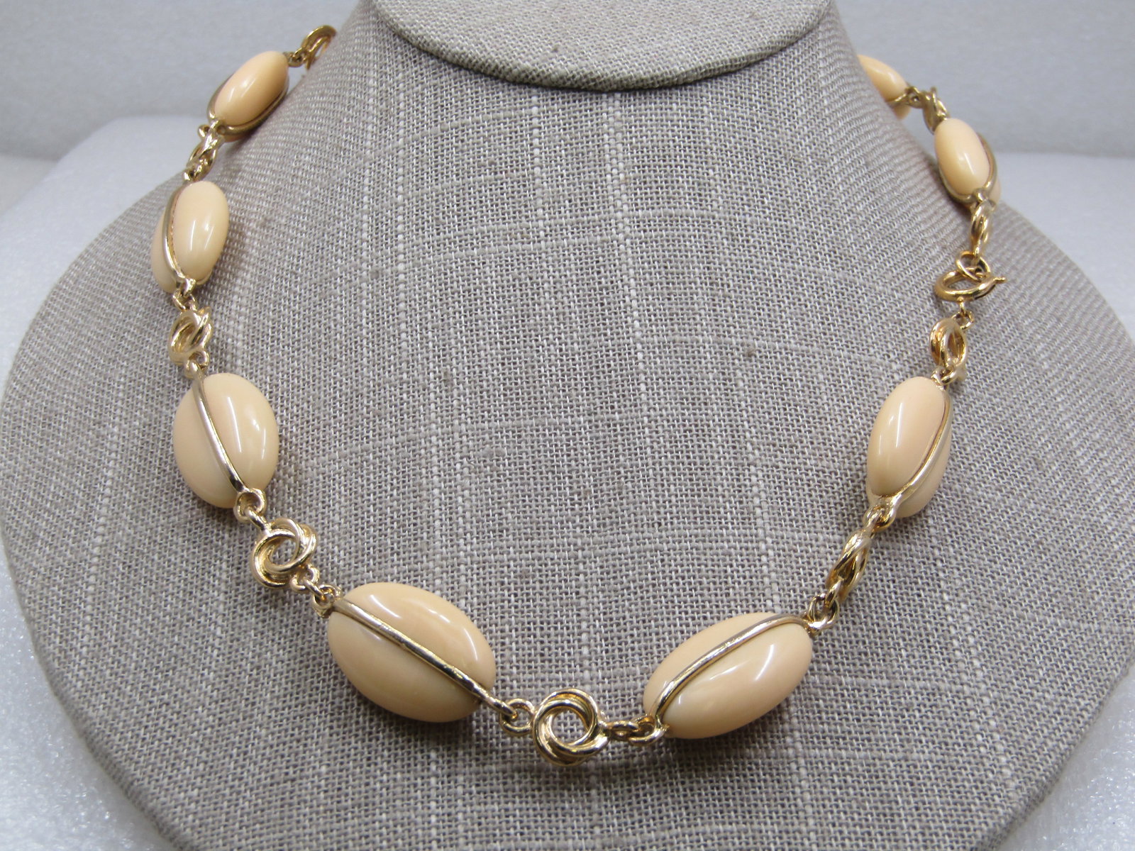Vintage Cream Lucite Oval Beaded Necklace, Gold Tone Love Knot Link , 22", 1960's-1970's - 2