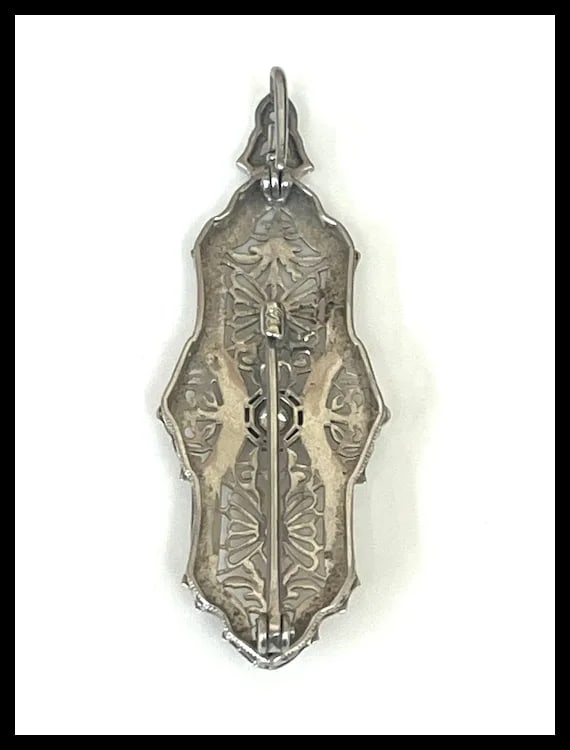 Vintage 14k White Gold Filigree Guilloche Enamel Diamond Retractable Pendant/ Brooch - 10