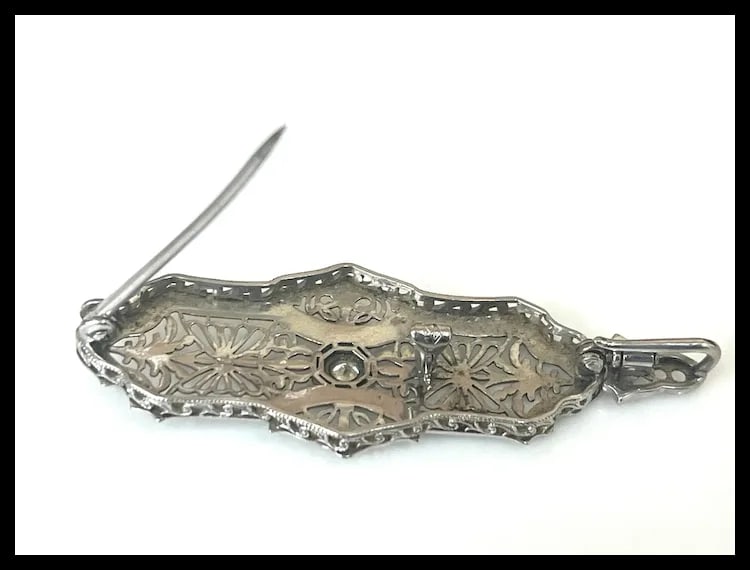 Vintage 14k White Gold Filigree Guilloche Enamel Diamond Retractable Pendant/ Brooch - 12