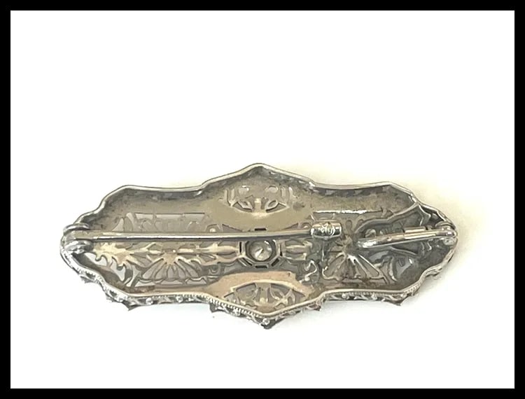 Vintage 14k White Gold Filigree Guilloche Enamel Diamond Retractable Pendant/ Brooch - 13