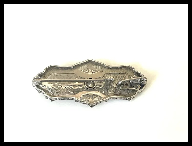 Vintage 14k White Gold Filigree Guilloche Enamel Diamond Retractable Pendant/ Brooch - 14