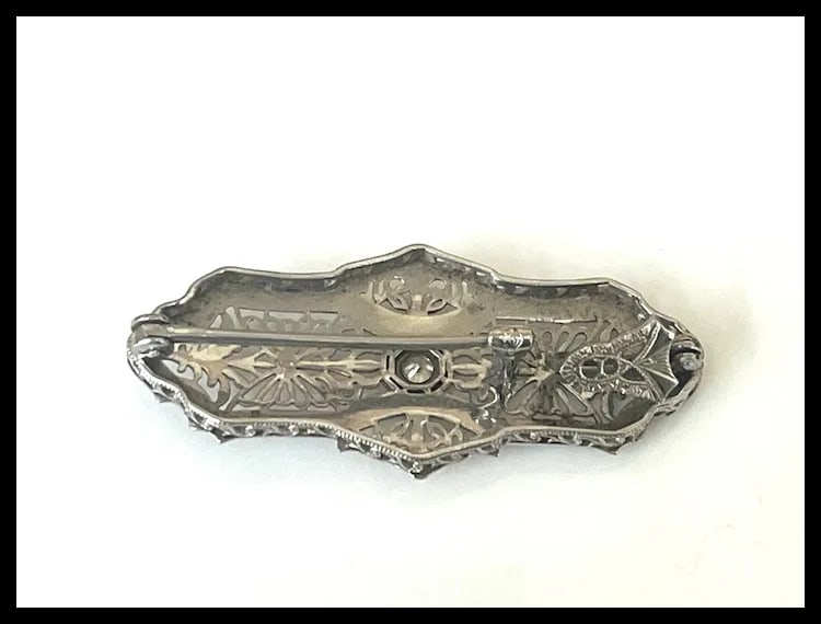 Vintage 14k White Gold Filigree Guilloche Enamel Diamond Retractable Pendant/ Brooch - 15