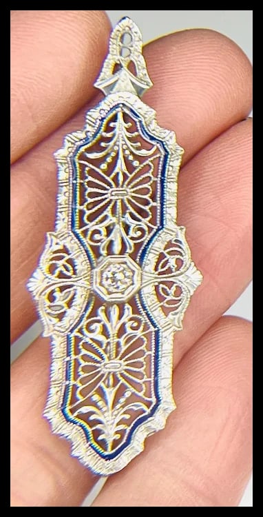 Vintage 14k White Gold Filigree Guilloche Enamel Diamond Retractable Pendant/ Brooch - 16