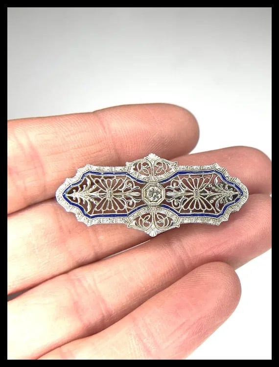 Vintage 14k White Gold Filigree Guilloche Enamel Diamond Retractable Pendant/ Brooch - 17