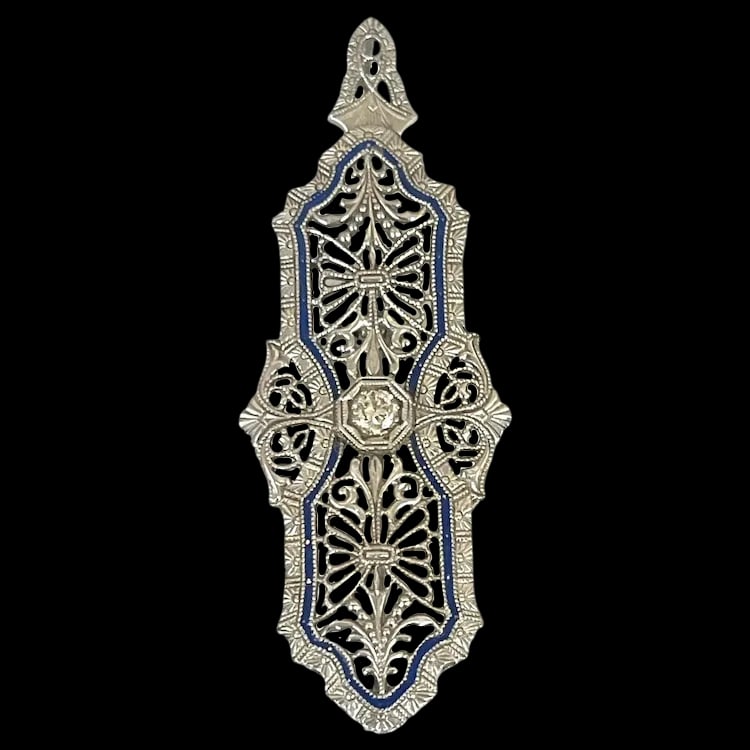 Vintage 14k White Gold Filigree Guilloche Enamel Diamond Retractable Pendant/ Brooch: Title: Vintage 14k White Gold Filigree Guilloche Enamel Diamond Retractable Pendant/ Brooch Description: Vintage 14k White Gold Filigree Guilloche Enamel Diamond Retractable Pendant/ Brooch