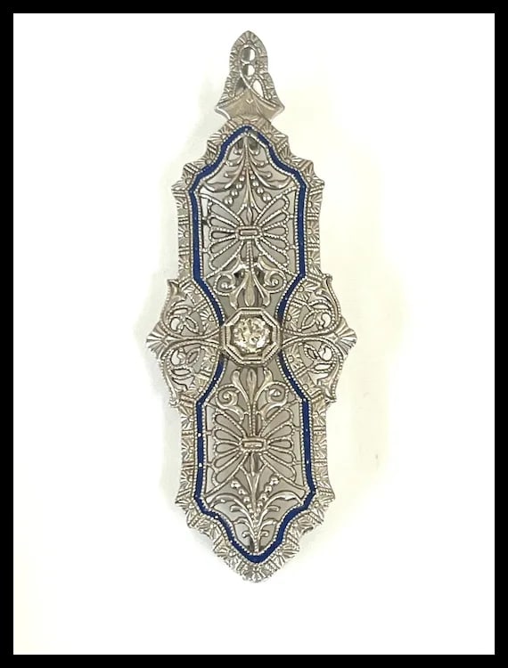 Vintage 14k White Gold Filigree Guilloche Enamel Diamond Retractable Pendant/ Brooch - 2