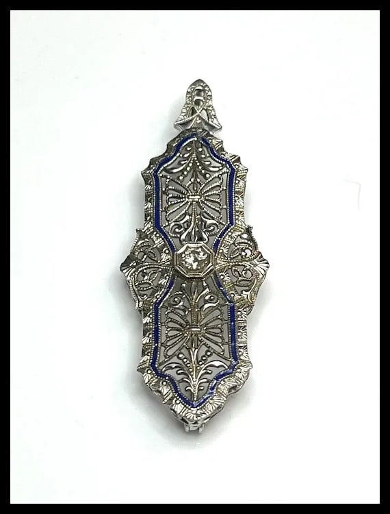 Vintage 14k White Gold Filigree Guilloche Enamel Diamond Retractable Pendant/ Brooch - 3
