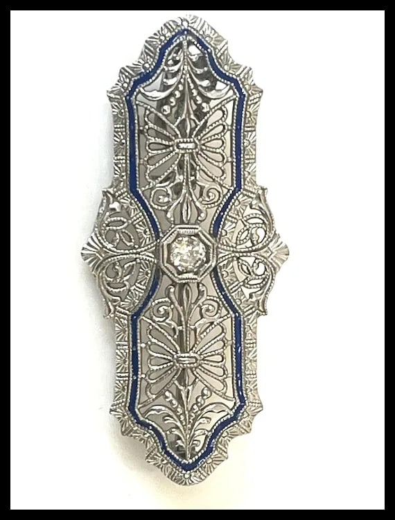 Vintage 14k White Gold Filigree Guilloche Enamel Diamond Retractable Pendant/ Brooch - 4