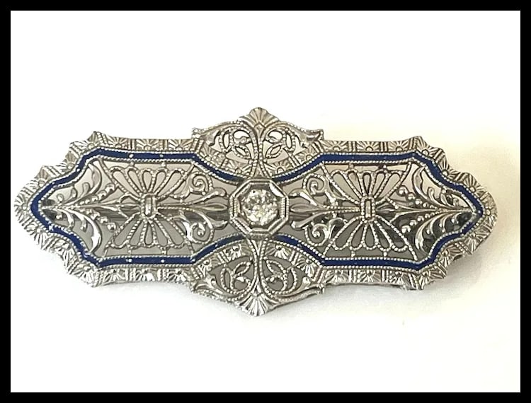 Vintage 14k White Gold Filigree Guilloche Enamel Diamond Retractable Pendant/ Brooch - 5