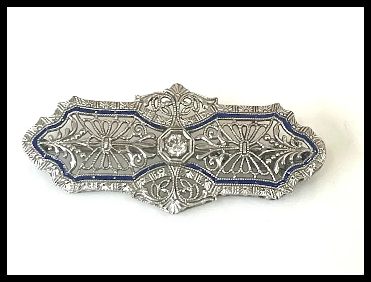 Vintage 14k White Gold Filigree Guilloche Enamel Diamond Retractable Pendant/ Brooch - 6