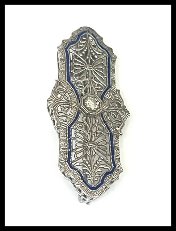 Vintage 14k White Gold Filigree Guilloche Enamel Diamond Retractable Pendant/ Brooch - 7