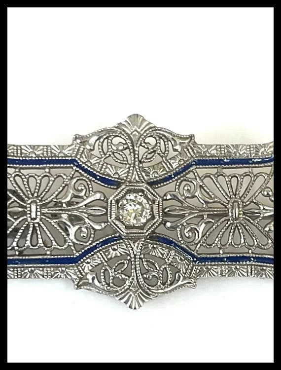 Vintage 14k White Gold Filigree Guilloche Enamel Diamond Retractable Pendant/ Brooch - 8