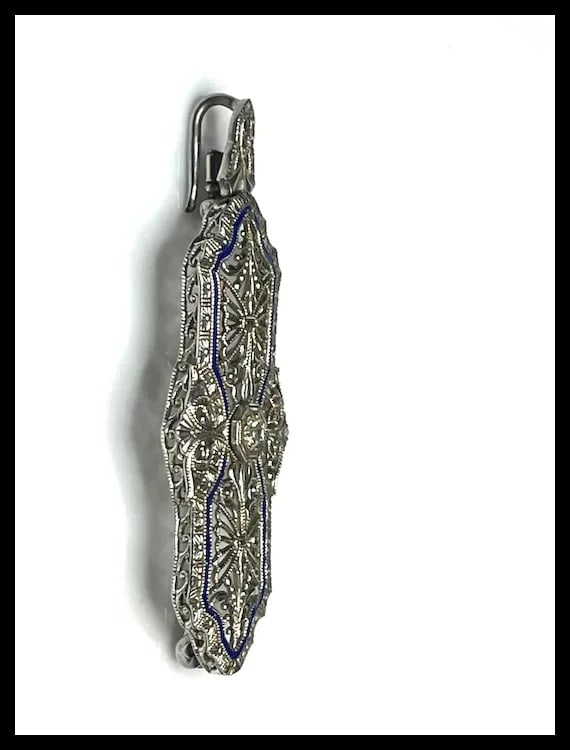 Vintage 14k White Gold Filigree Guilloche Enamel Diamond Retractable Pendant/ Brooch - 9