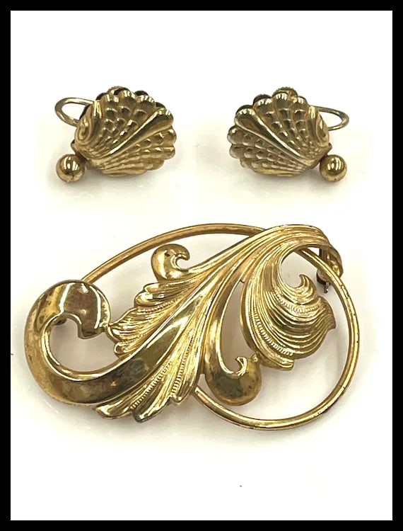 Vintage Sterling Silver Forstner Screw Back Shell Earrings and Leaf Brooch - 2