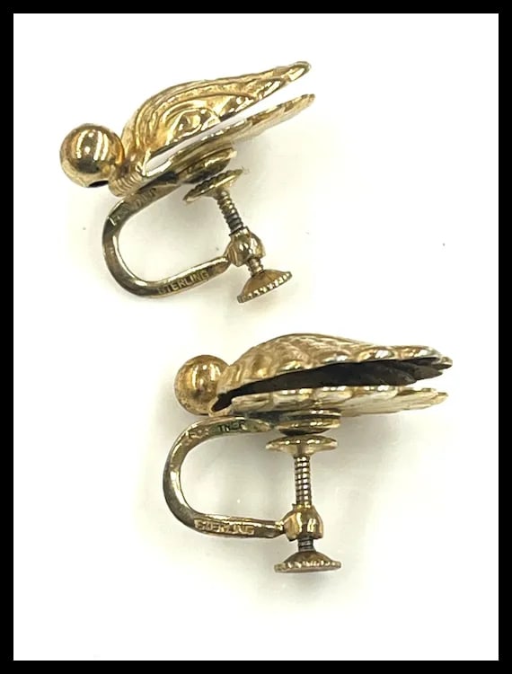 Vintage Sterling Silver Forstner Screw Back Shell Earrings and Leaf Brooch - 7