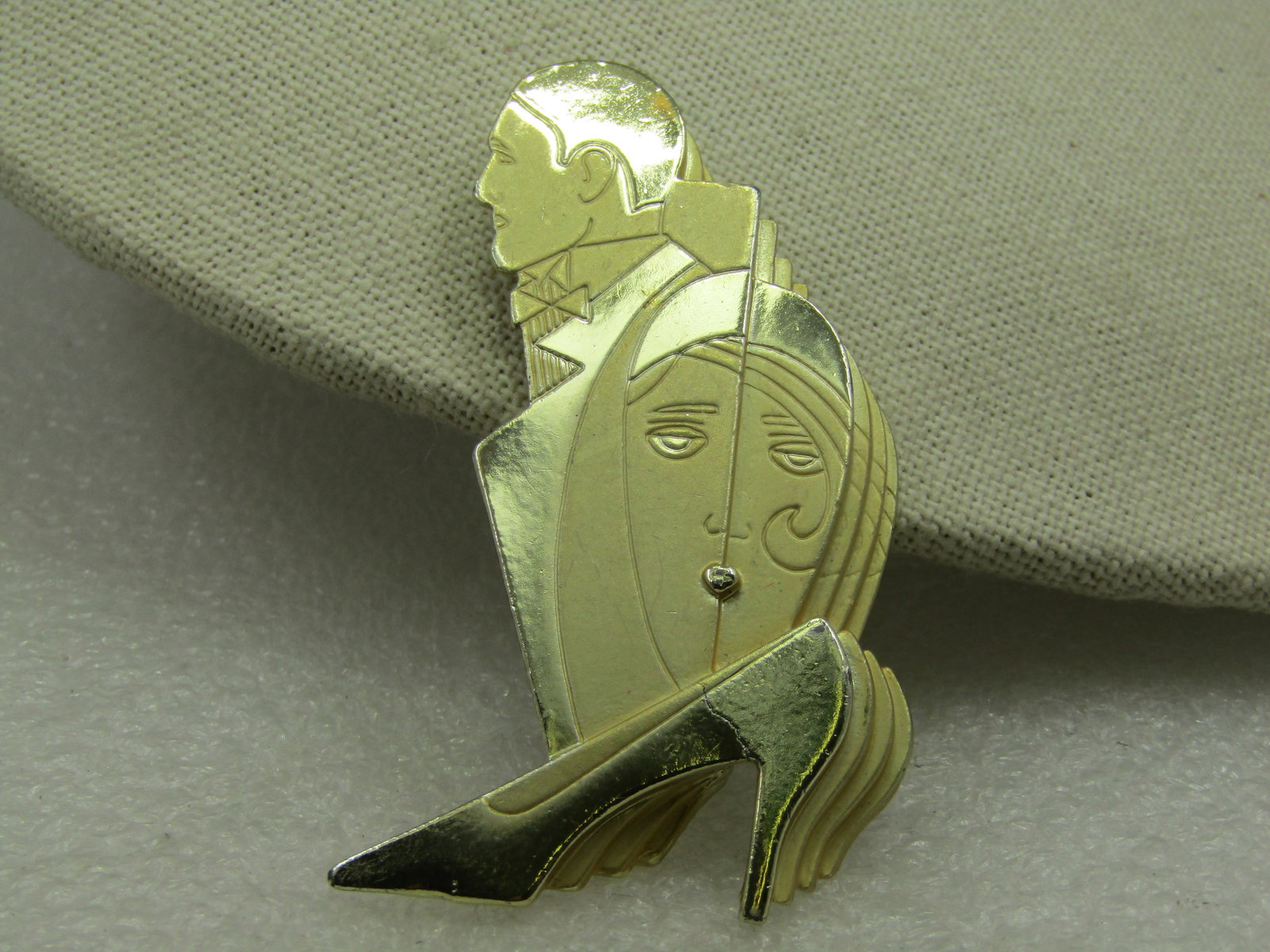 Vintage Art Deco Themed Brooch, Signed CAJC, Man, Woman, Shoe - 3