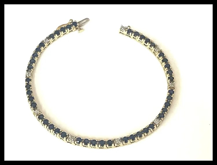 Estate 14k Yellow Gold Sapphire Diamond Tennis Bracelet - 3