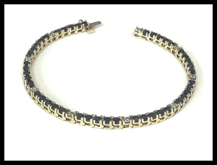 Estate 14k Yellow Gold Sapphire Diamond Tennis Bracelet - 4