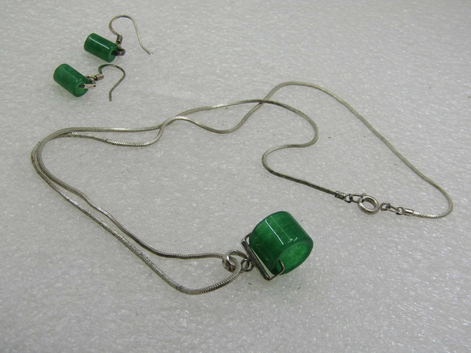 Silver Plated Jadeite Necklace & Pierced Earring, 19" Square Serpentine Chain - 6