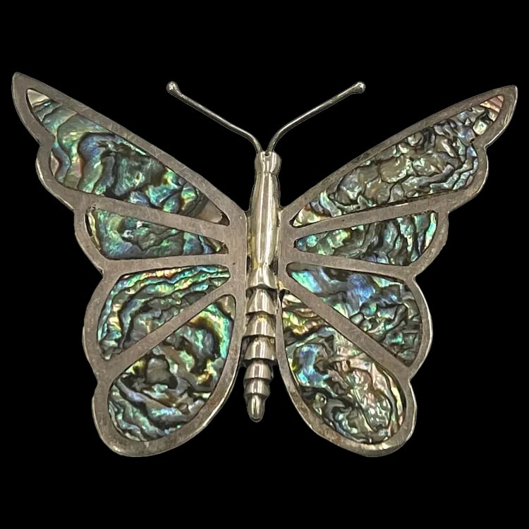 Large Sterling Silver & Abalone Butterfly Pin Brooch Signed Mexico (1 of 5)