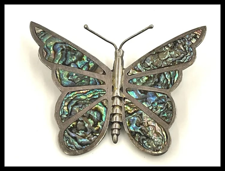 Large Sterling Silver & Abalone Butterfly Pin Brooch Signed Mexico - 2