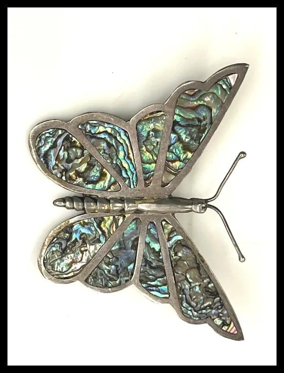 Large Sterling Silver & Abalone Butterfly Pin Brooch Signed Mexico - 3