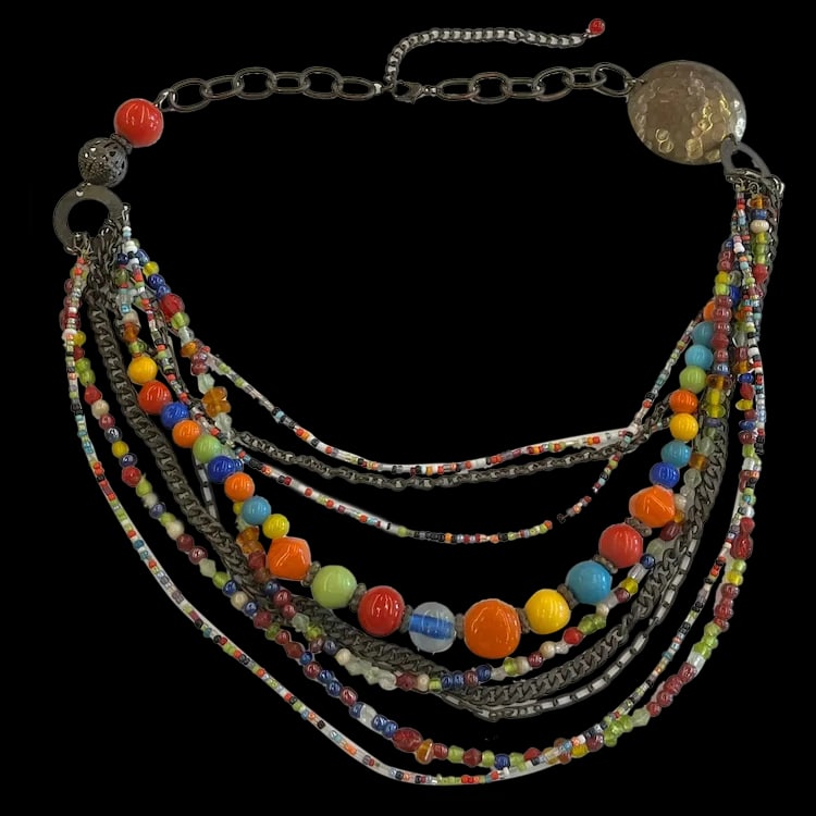 Estate Multi Media Bohemian Necklace: Title: Estate Multi Media Bohemian Necklace Description: Estate Multi Media Bohemian Necklace Weighs 99 grams Length of Necklace is Adjustable Reserve: $40.00 Shipping: Domestic: Flat-rate of $6.00